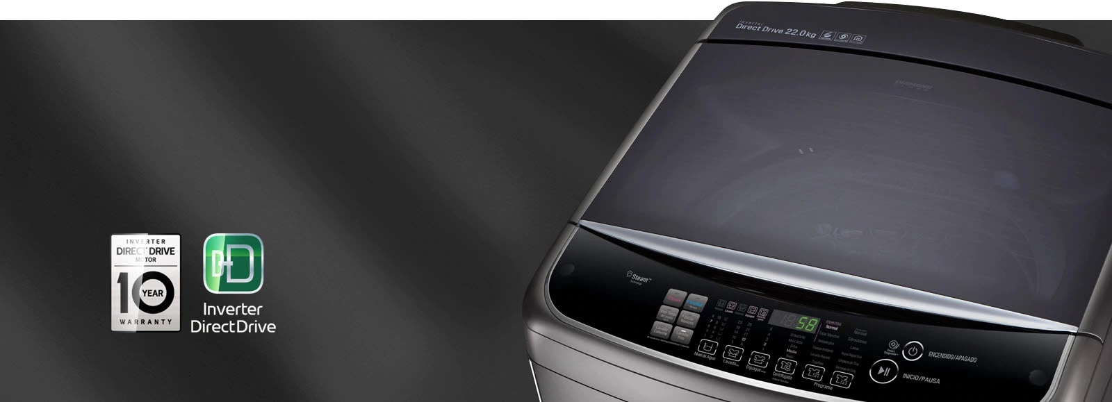 نمای بالا از ماشین لباسشویی با کنترل پنل و نشان ضمانت 10 ساله و نشان Inverter DirectDrive در کنارش به تصویر کشیده شده است. این نشان ها حاوی پرتویی از برچسب روشن در خود هستند که به خودی خود می درخشد.