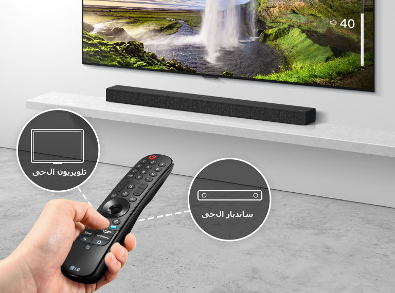 ریموت کنترل در دست شخصی مشاهده می‌شود که در حال کنترل تلویزیون و ساندبار در پشت آن است. آیکون‌های تلویزیون و ساندبار ال‌جی قابل رویت هستند. 