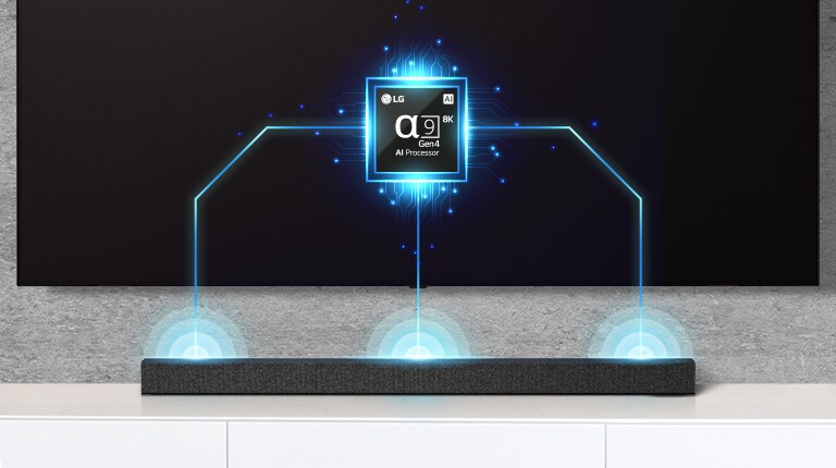 تصویر تراشه α9 در تلویزیون به همراه یک دستگاه ساندبار در زیر آن مشاهده می‌شود. جلوه امواج صوتی نیز که از ساندبار بیرون می‌آیند، دیده می‌شود. 