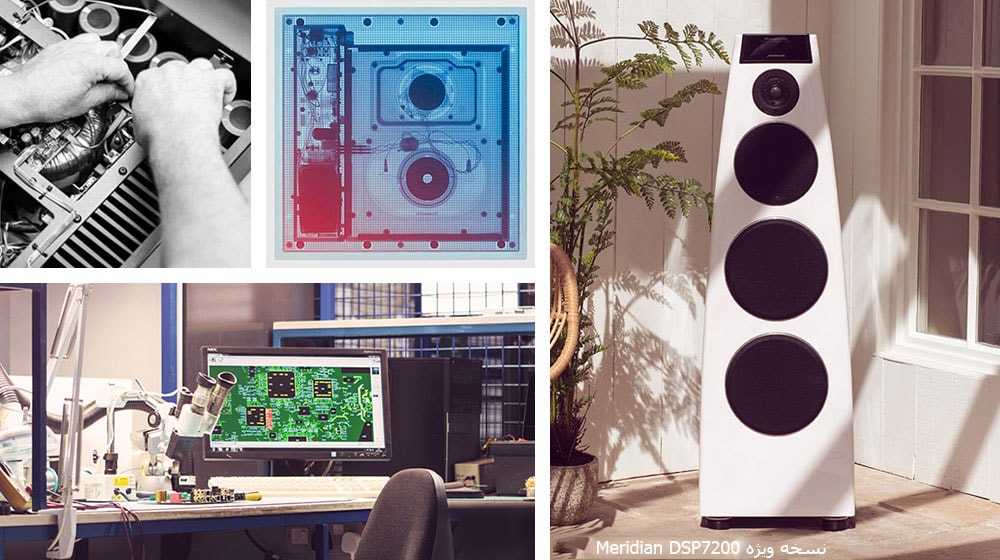 Collage. با حرکت در جهت عقربه‌های ساعت از بالا و سمت چپ: دو تصویر از سخت‌افزار داخلی Meridian (بلندگوی سفید رنگ Meridian و پیشخوان تحقیق و توسعه Meridian)  