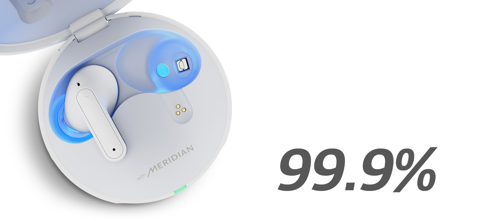 نور ماورای بنفش آبی در محصول TONE-Free با درب کیف نگهدارنده باز تابیده می‌شود و عبارت «UVnano تا %99.9 باکتری‌ها را از بین می‌برد» در زیر آن به صورت برجسته به نمایش در می‌آید.