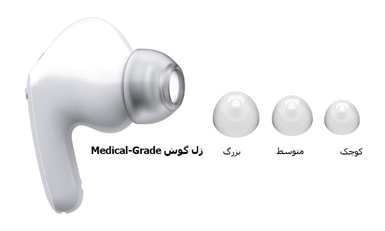 تصویری از ایربادهای سفید و مجموعه‌ای از ژل‌های گوش در سه اندازه: بزرگ، متوسط و کوچک.
