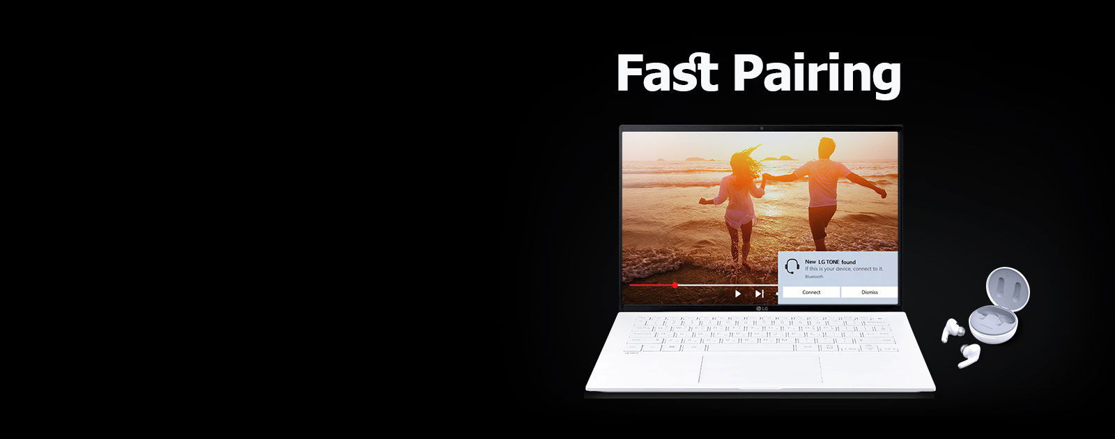 تصویری از یک لپ تاپ و TONE Free قرار گرفته در زیر عبارت «Fast Pairing» و هشدار Pairing روشن در صفحه نمایش باز لپ تاپ.