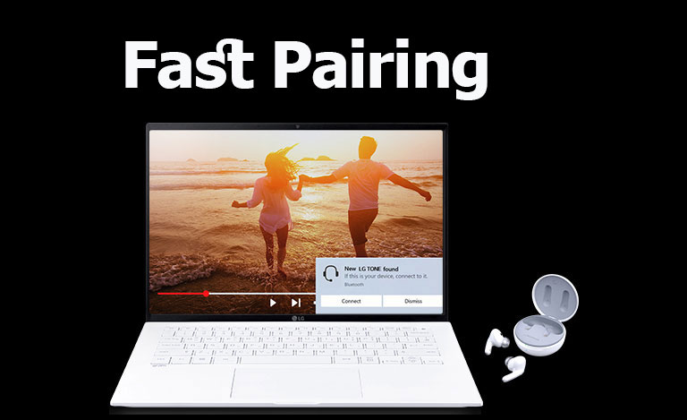 تصویری از یک لپ تاپ و TONE Free قرار گرفته در زیر عبارت «Fast Pairing» و هشدار Pairing روشن در صفحه نمایش باز لپ تاپ.