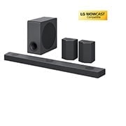 LG ساندبار S95QR با 9.1.5 کانال <br> توان خروجی 810 وات, Diagonal view of sound bar, subwoofer, and rear speakers, S95QR, thumbnail 2