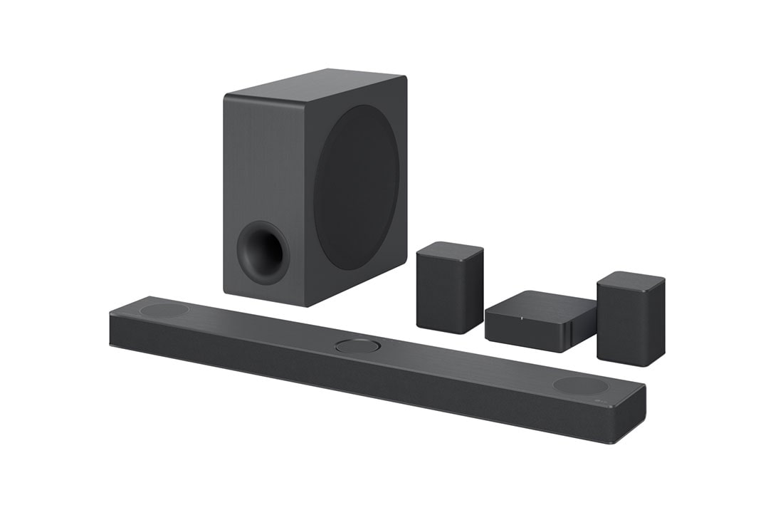 LG ساندبار S80QR با 5.1.2 کانال <br> توان خروجی 620 وات, Diagonal view of sound bar, subwoofer, and rear speakers, S80QR, thumbnail 2