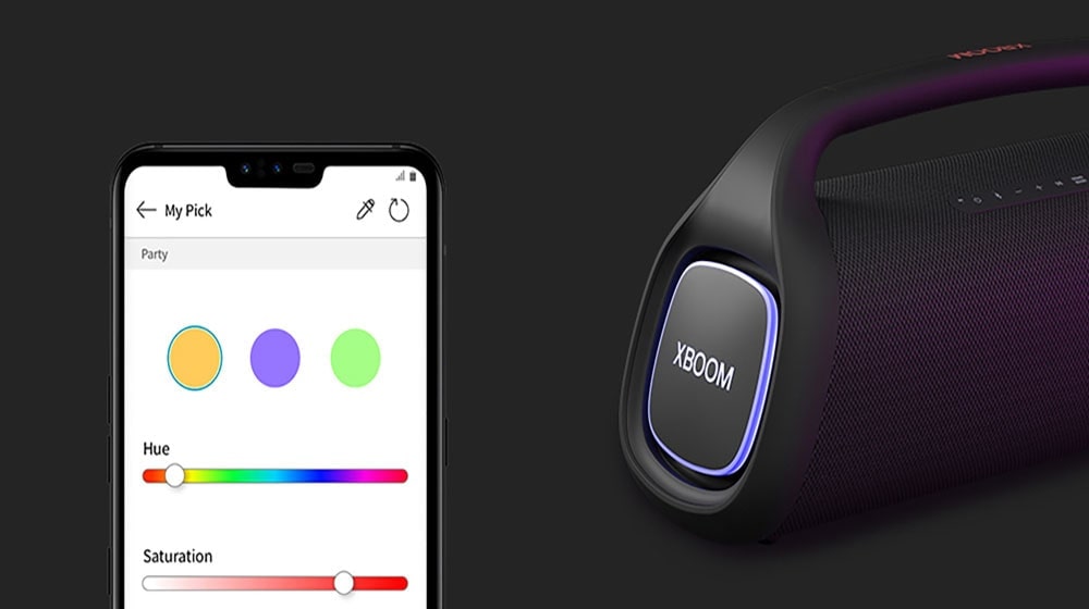 در سمت چپ، My Style UI نشان داده شده است. در سمت راست، LG XBOOM Go XG9 با نورپردازی آبی روی زمین قرار گرفته است.