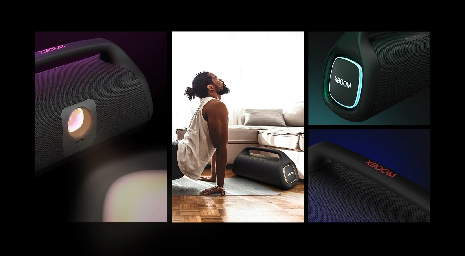 College. From left, close up view of LG XBOOM Go XG9. Next, an image of a man doing yoga. On the right from top to bottom: close-up view of the speaker with pink lighting and two glasses of drink.
