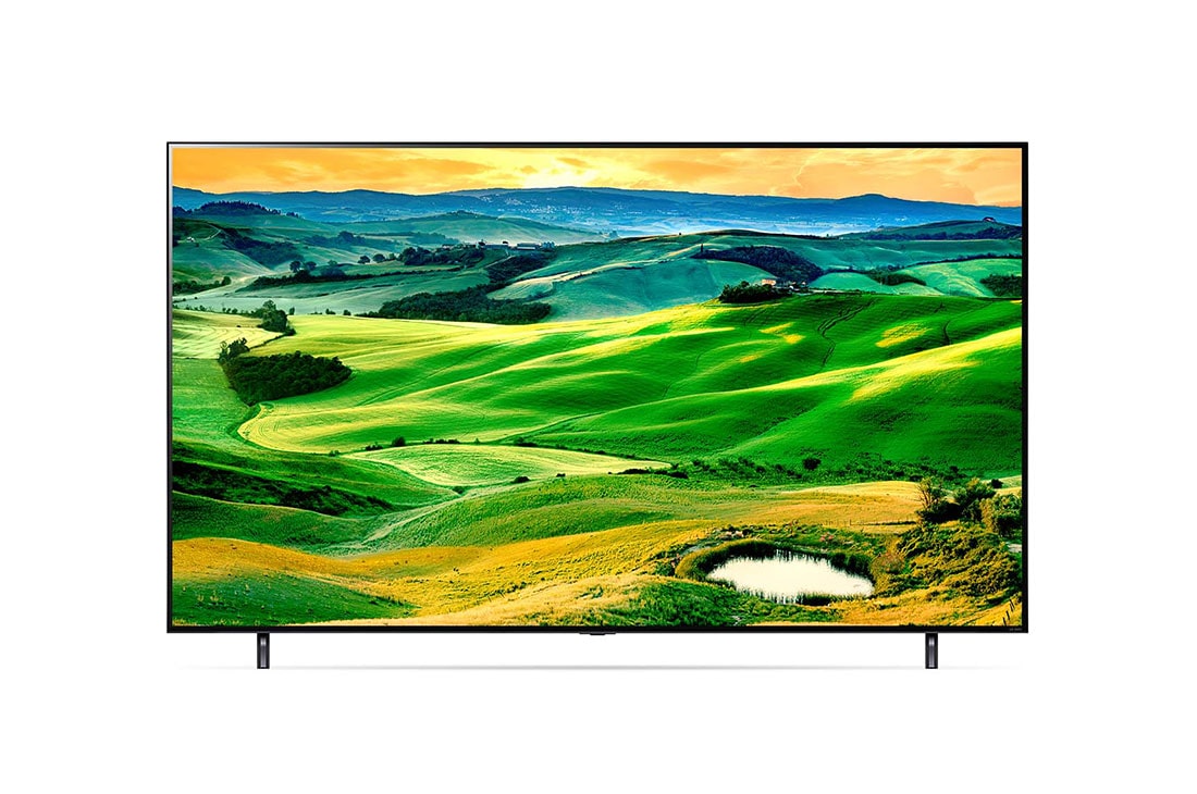 LG ال‌جی،LG QNED 80 ، تلویزیون 86 اینچ سری QNED80، کیفیت 4k، تکنولوژی هوشمند AI ThinQ، سیستم عامل WebOS، زبان طراحی 3side cinema، توانایی نمایش محتوای HDR، تکنولوژی Local Dimming(تاریکی موضعی)، پایه دوطرفه، محصول 2022, نمای جلو با تصویر میان قاب, 86QNED806QA, thumbnail 2