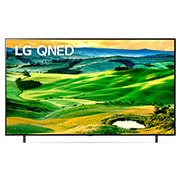 LG ال‌جی،LG QNED 80 ، تلویزیون 86 اینچ سری QNED80، کیفیت 4k، تکنولوژی هوشمند AI ThinQ، سیستم عامل WebOS، زبان طراحی 3side cinema، توانایی نمایش محتوای HDR، تکنولوژی Local Dimming(تاریکی موضعی)، پایه دوطرفه، محصول 2022, نمای جلو از تلویزیون LG QNED با تصویر میان قاب و لوگوی محصول روی آن, 86QNED806QA, thumbnail 1