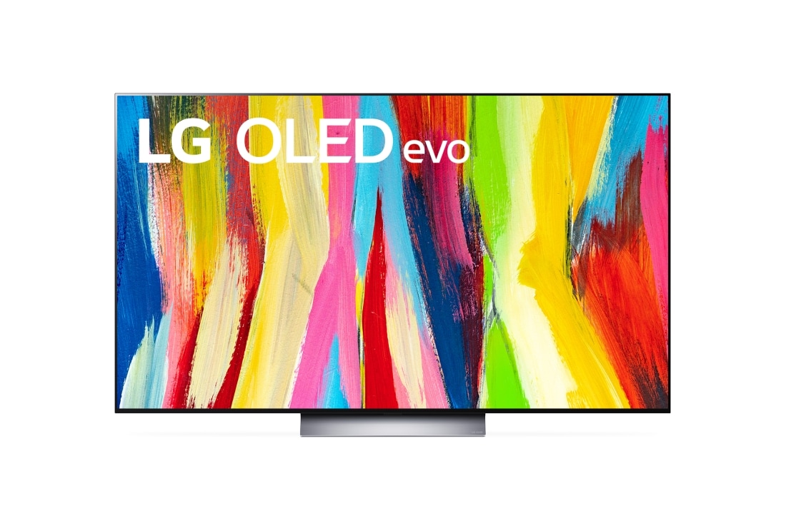 LG ال‌جی،LG OLED C2 evo ، تلویزیون 55 اینچ سری C2، کیفیت 4k، تکنولوژی هوشمند AI ThinQ و WebOS، توانایی نمایش محتوایDolby Vision و HLG، تکنولوژی Dolby Atmos، تکنولوژی VRR، تکنولوژی G-sync برای اتصال به کنسول بازی، تکنولوژی تصویر Pixel Dimming(تاریکی موضعی)، پایه وسط، محصول 2022, نمای جلو , OLED55C26LA