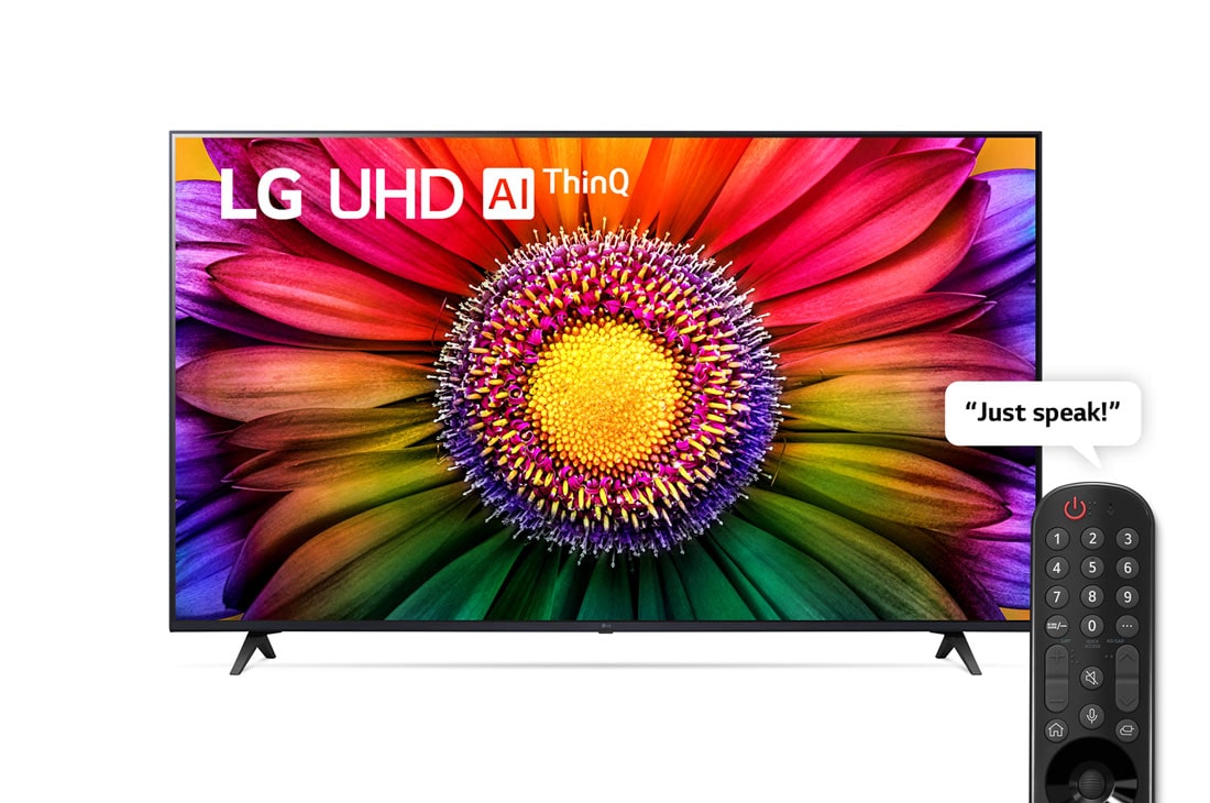 LG ال‌جی،LG UHD UR80 ، تلویزیون 55 اینچ سری UR80، کیفیت 4k، کنترل جادویی، تکنولوژی هوشمند AI ThinQ، سیستم عامل WebOS، توانایی نمایش محتوای HDR با فرمتHLG، تکنولوژی AI Picture Pro وAI Sound Pro (5.1.2ch)، پایه دو طرفه، جدید 2023, نمای جلو از تلویزیون LG UHD, 55UR80006LJ