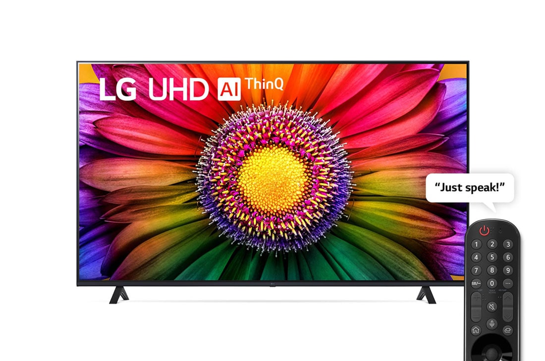 LG ال‌جی،LG UHD UR80 ، تلویزیون 75 اینچ سری UR80، کیفیت 4k، کنترل جادویی، تکنولوژی هوشمند AI ThinQ، سیستم عامل WebOS، توانایی نمایش محتوای HDR با فرمتHLG، تکنولوژی AI Picture Pro وAI Sound Pro (5.1.2ch)، پایه دو طرفه، جدید 2023, نمای جلو از تلویزیون LG UHD, 75UR80006LJ