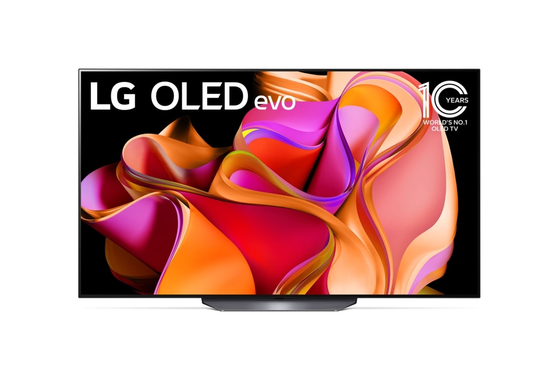 LG OLED CS evo- تلویزیون 65 اینچ 4K, نمای جلو با LG OLED evo و نشان OLED شماره 1. 10 ساله جهان روی صفحه نمایش و همچنین ساندبار زیر, OLED65CS3VA