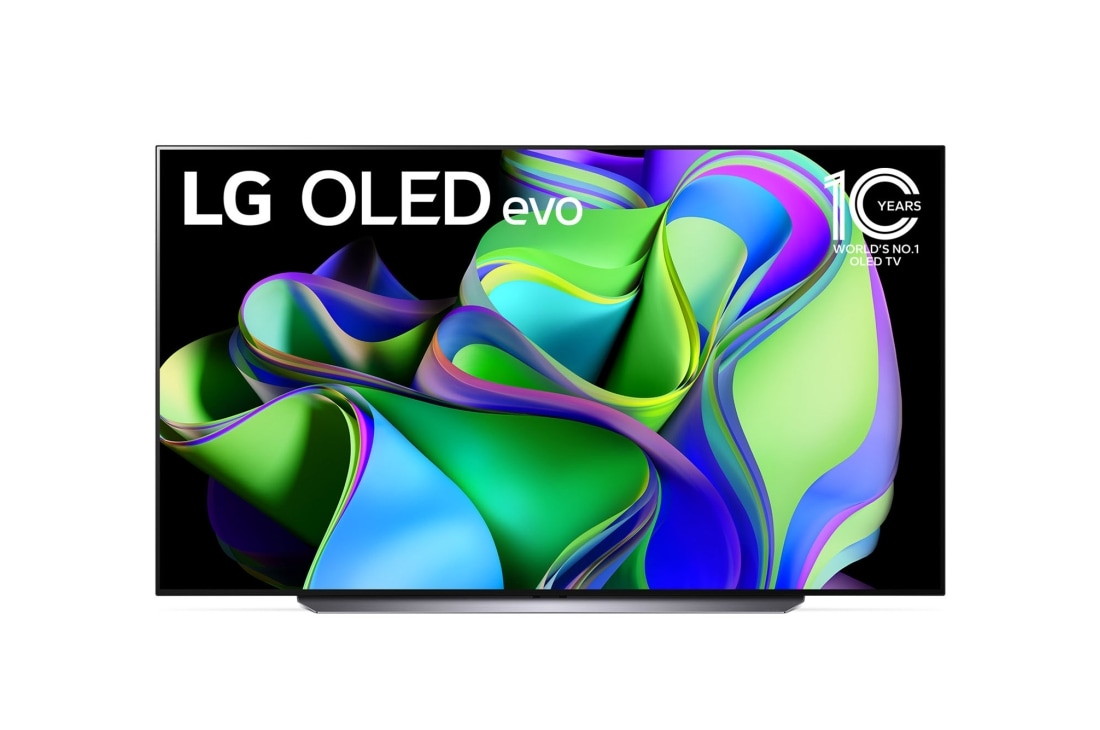 LG OLED C3 evo- تلویزیون 83 اینچ 4K, نمای جلو با LG OLED evo و نشان OLED شماره 1. 10 ساله جهان روی صفحه نمایش, OLED83C36LA