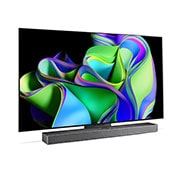 LG ال‌جی،LG OLED C3 evo ، تلویزیون 55 اینچ سری C3، کیفیت 4k، تکنولوژی هوشمند AI ThinQ و WebOS، کنترل جادویی، زبان طراحی 4side cinema، توانایی نمایش محتوایDolby Vision و HLG، تکنولوژی AI Picture Pro وAI Sound Pro (9.1.2ch) و Dolby Atmos، تکنولوژیVRRو G-sync برای اتصال به کنسول بازی، پایه وسط،جدید 2023 , نمای جانبی چپ با اندکی زاویه همراه با ساندبار در زیر آن, OLED55C36LA, thumbnail 3