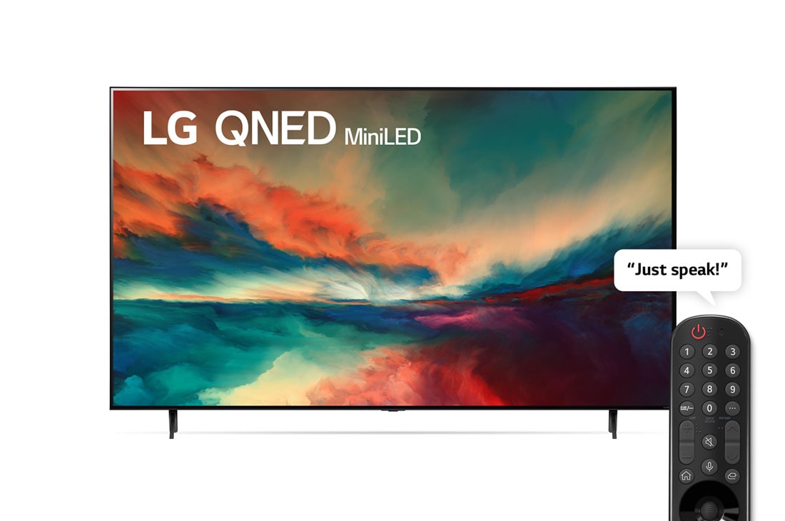 LG QNED85 - تلویزیون 65 اینچ 4K, نمای جلو از تلویزیون LG QNED با تصویر داخل قاب و لوگوی محصول روی آن, 65QNED856RA