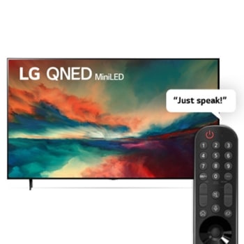 نمای جلو از تلویزیون LG QNED با تصویر داخل قاب و لوگوی محصول روی آن1