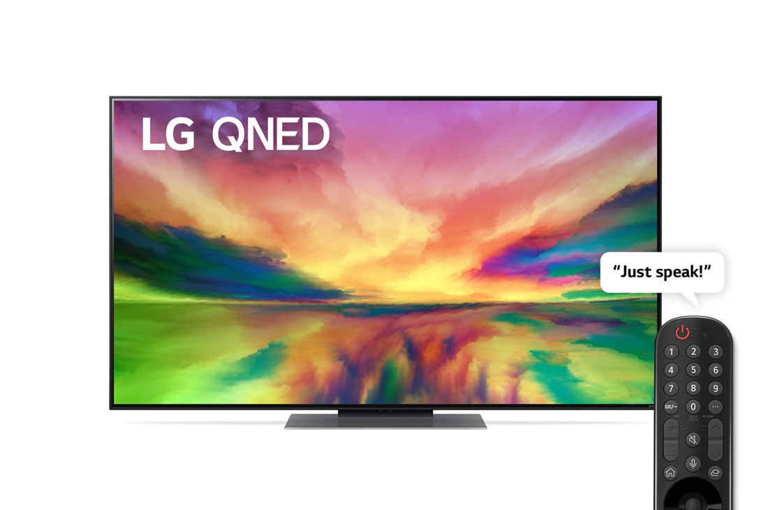 LG ال‌جی،LG QNED 81 ، تلویزیون 55 اینچ سری QNED81R، کیفیت 4K، تکنولوژی هوشمند AI ThinQ، سیستم عامل WebOS، کنترل جادویی، زبان طراحی 3side cinema، توانایی نمایش محتوای HDR با فرمتHLG، تکنولوژی AI Picture Pro وAI Sound Pro (5.1.2ch)، پایه وسط، جدید 2023 , نمای جلو از تلویزیون LG QNED با تصویر داخل قاب و لوگوی محصول روی آن, 55QNED816RA
