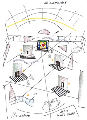 Disegno della pianta della SETTIMANA DELL'ARTE LG SIGNATURE 2018, di Alessandro Mendini.