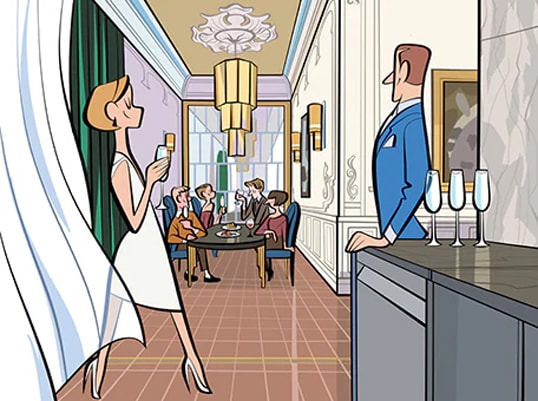 Una donna tiene in mano una coppa di champagne mentre sullo sfondo gli ospiti si godono una festa.