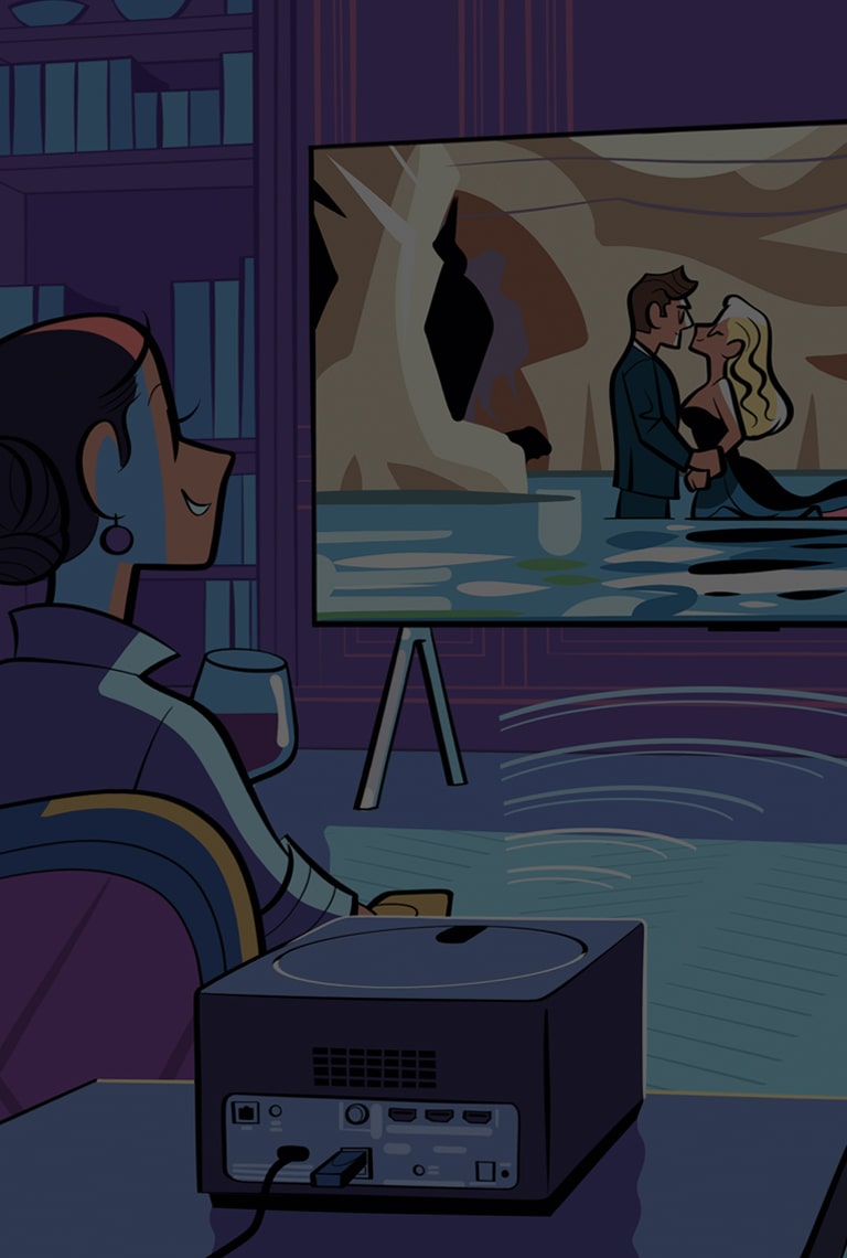 Un gruppo di persone guardano un film sullo schermo OLED M, mentre la Zero Connect Box trasmette i contenuti dello schermo in primo piano.