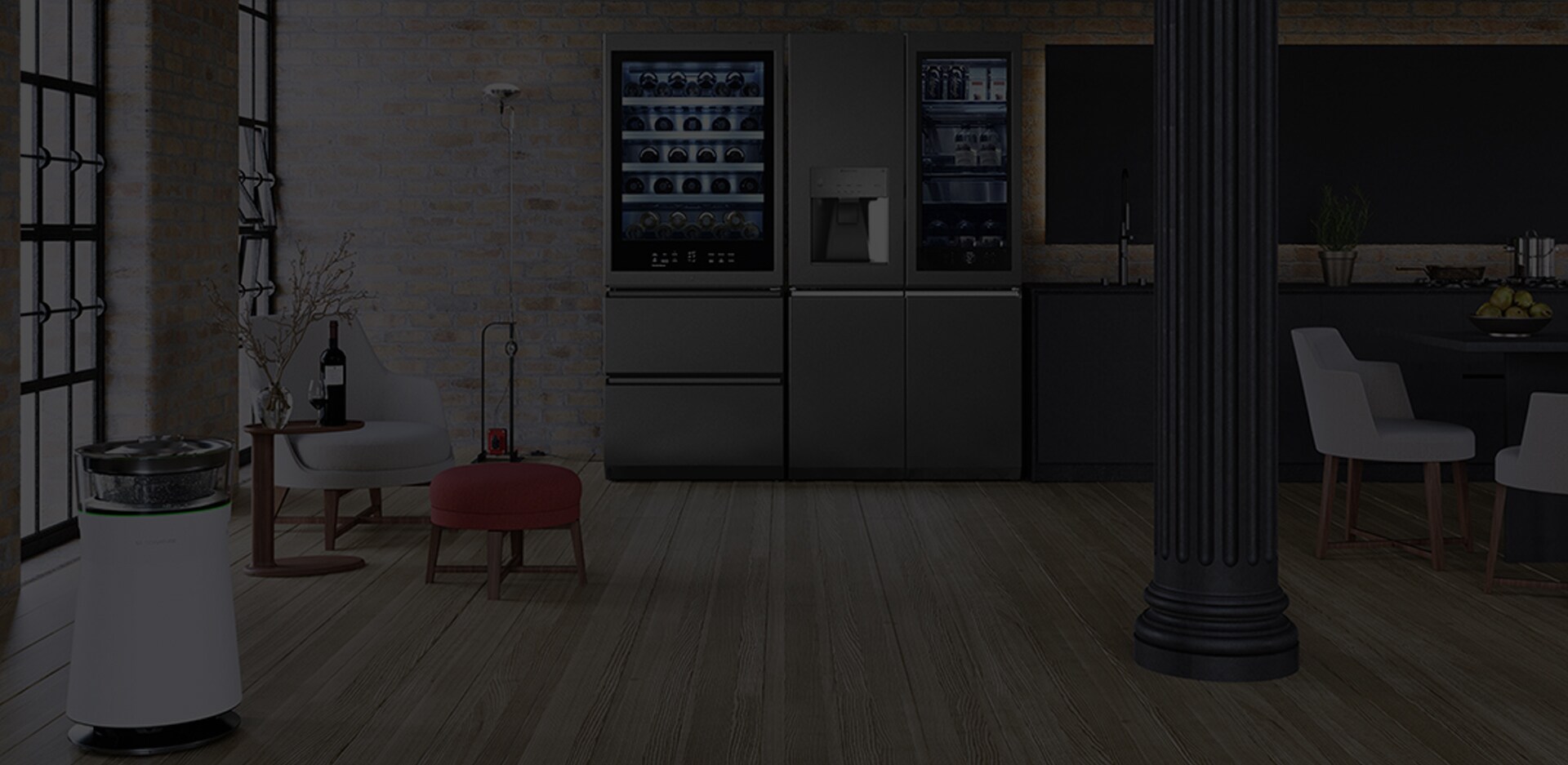 Il frigorifero e la cantina di LG SIGNATURE sono posizionati nella cucina del magazzino in mattoni con gli arredamenti di Flexform.