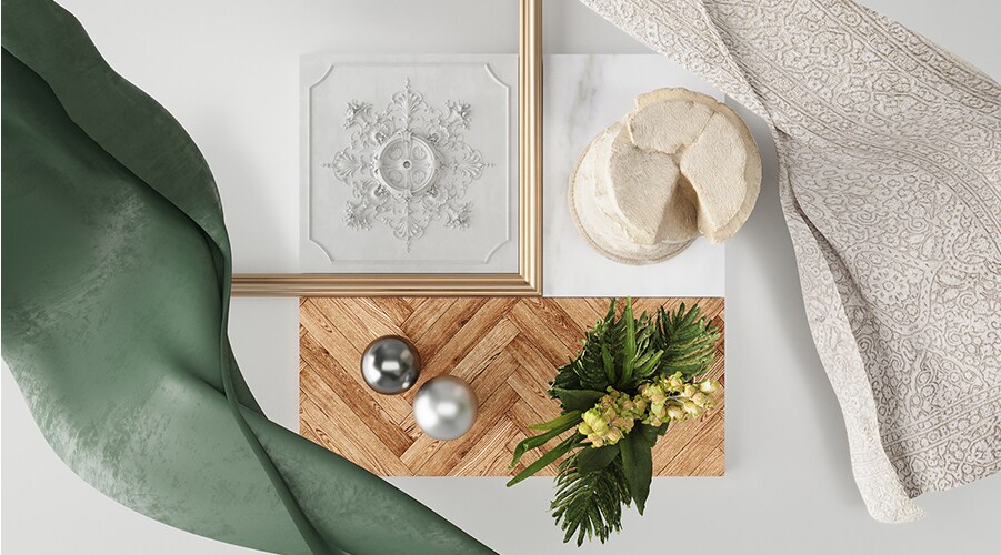 Diversi materiali di interior design, come la colonna romana, sono collocati sul pavimento in legno.