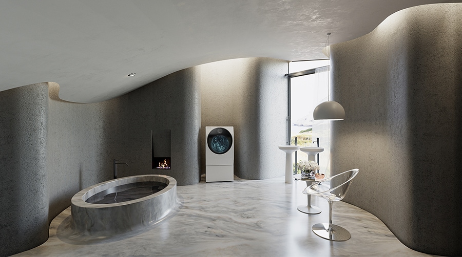 Le Lavatrici LG SIGNATURE sono collocate in una moderna e lussuosa lavanderia, insieme agli elementi di arredo a marchio Kartell.