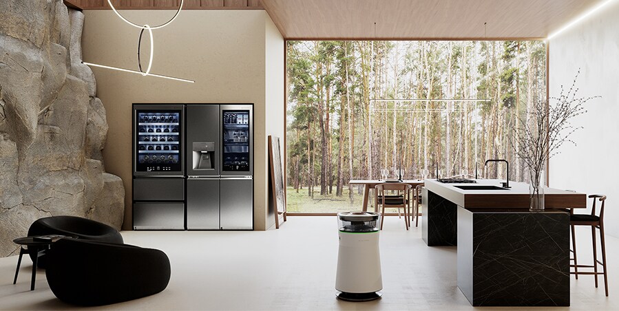 Il frigo e la cantina LG SIGNATURE fanno parte della cucina naturale, armonizzandosi con il tavolo Bull B&B Italia.