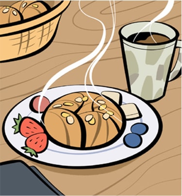 Illustrazione di un piatto appena preparato per una ricca colazione. Accanto a una tazza di caffè fumante ci sono dei dolci e della frutta.