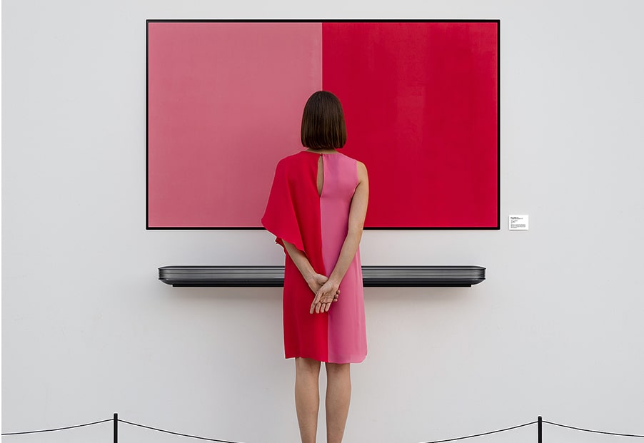 una persona guarda lo schermo di un lg signature oled tv w sul quale compare un'immagine creativa