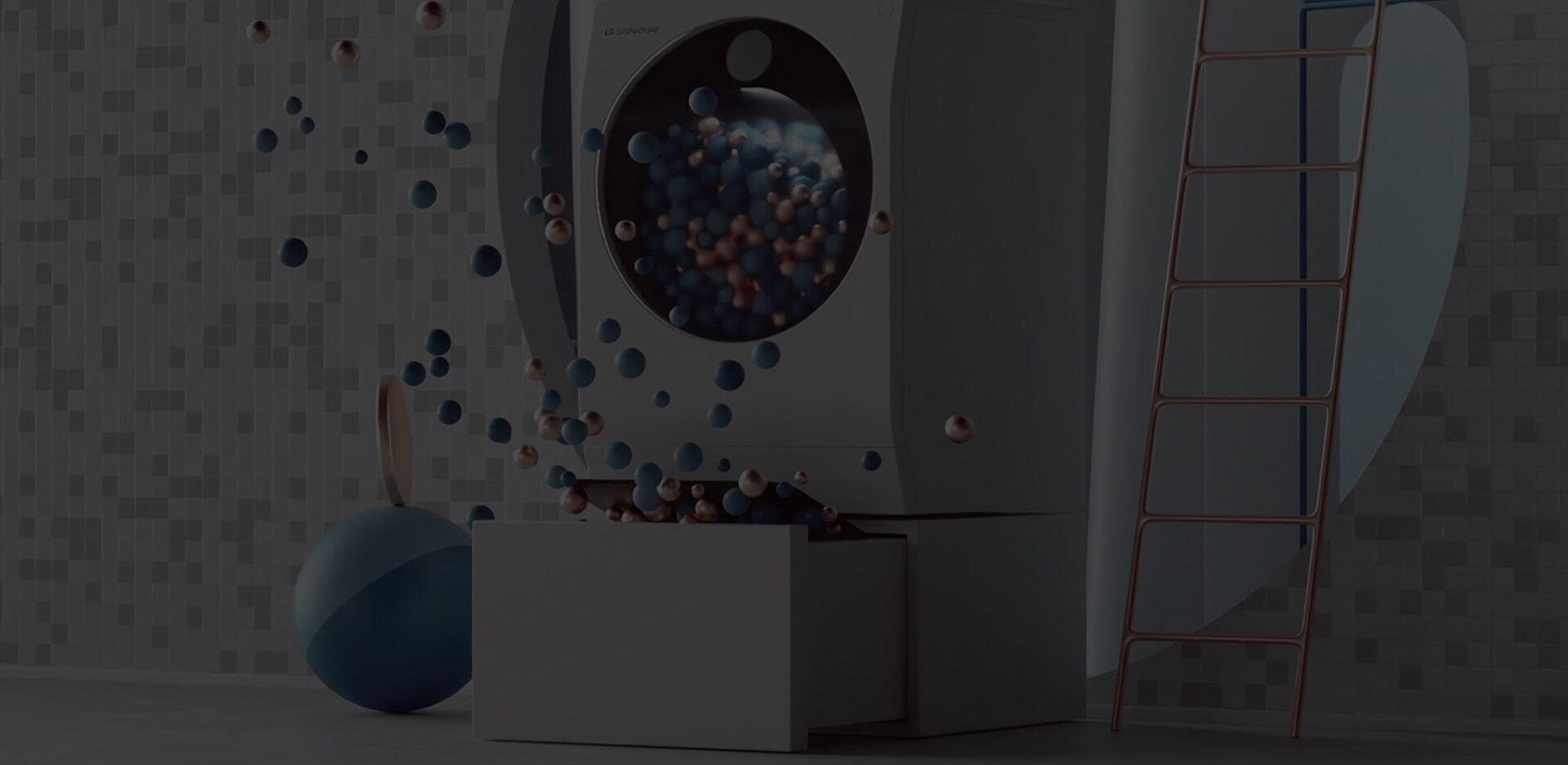La lavatrice LG SIGNATURE è collocata tra tantissime palline colorate e accanto a una scala a pioli.