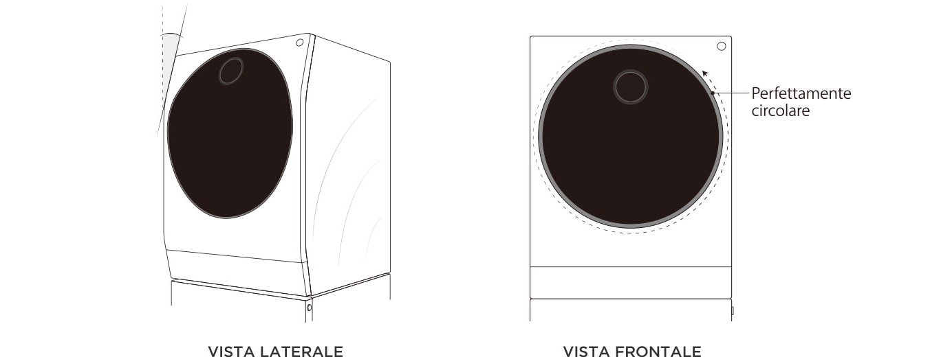 Vista laterale e frontale della Lavatrice LG SIGNATURE che mostra il suo oblò di forma perfettamente circolare