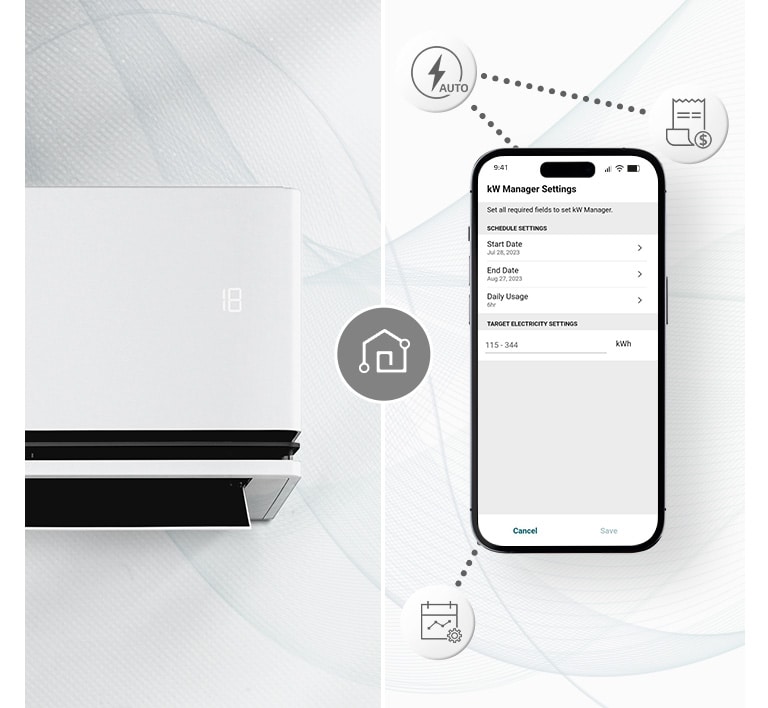 مكيف هواء وهاتف ذكي مزود بشاشة LG ThinQ™. حول الهاتف المحمول، يتم عرض الأيقونات التي تقدم وظائف ThinQ.