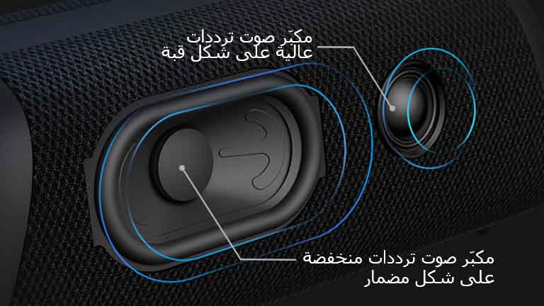 صورة قطرية LG XBOOM Go XG5 تُظهر مكبّر صوت الترددات المنخفضة من نوع المضمار.