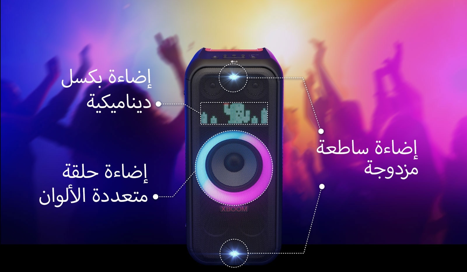 صورة أمامية لمكبر الصوت. يوجد خط لإعلام كل جزء من أجزاء الإضاءة. إضاءة قوية مزدوجة في الأعلى والأسفل. في المنتصف، يتم تشغيل إضاءة حلقية متعددة الألوان بألوان متدرجة من الوردي والسيون. إضاءة بكسل ديناميكية تعرض شخصية الصبار في الأعلى.