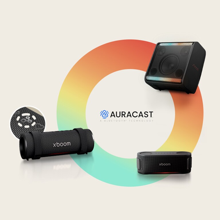 على دائرة ملوّنة بألوان قوس قزح، تُوضَع أجهزة xboom Stage 301، وBounce وGrab بترتيب مع عقارب الساعة. بجوار جهاز xboom Grab، توضع صورة زر Auracast في دائرة.