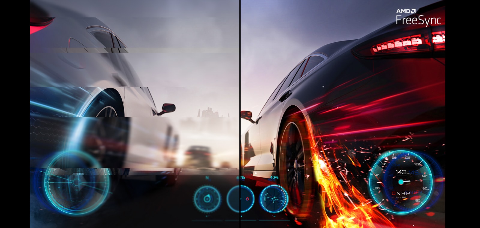 تمتاز الشاشة بصورة ألعاب واضحة وحركة سلسة وسريعة عند تشغيل تقنية ™AMD FreeSync ، بينما يحدث تقطّع واهتزاز في المعروض على الشاشة عند إيقاف تشغيل AMD FreeSync ™.