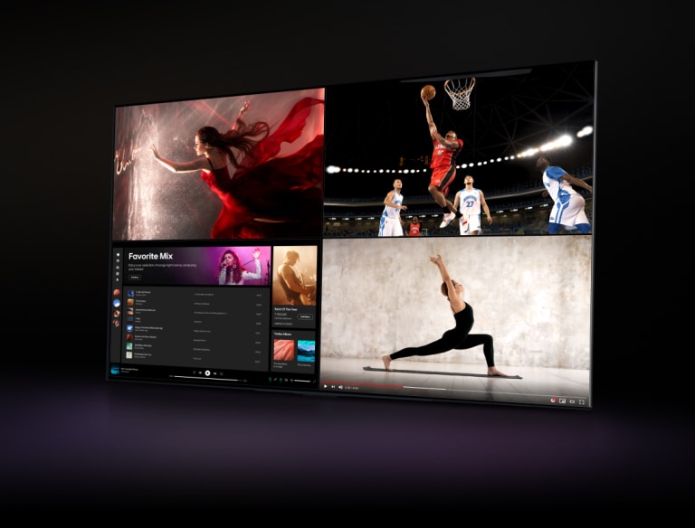 يعرض تلفزيون LG TV فيلمًا، بينما الشاشة مقسَّمة إلى نصفين، وعلى نصفها الأول يُعرض فيلم وعلى نصفها الثاني يُعرض برنامج Spotify. ينقر المؤشر على زر لعرض لوحة إعدادات Multi-View (عرض متعدد)، وعند النقر على زر Live TV (تلفزيون مباشر)، تتغير نافذة Spotify إلى شاشة تعرض المشهد الرياضي. نافذة ثالثة تعرض مقطع فيديو لليوجا على شرائح YouTube من الأسفل. بعد ذلك، تظهر نافذة رابعة تعرض شرائح Spotify من الأسفل بحيث تعرض الشاشة محتوى مختلفًا في جميع الأرباع الأربعة.