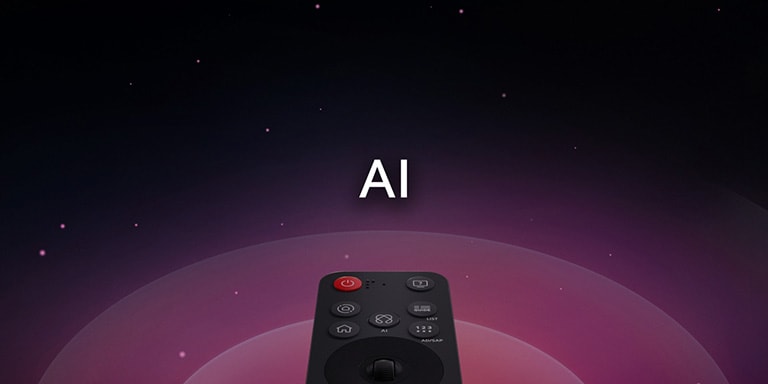 جهاز التحكم LG AI Magic Remote مع تمييز زر AI. يوجد تمثيل رسومي لواجهة المستخدم مع رموز توضح كيف يتيح زر الذكاء الاصطناعي (AI) للمستخدمين الوصول إلى وظائف الذكاء الاصطناعي المختلفة. تشمل الخدمات AI Voice ID، وAI Search، وAI Chatbot، وAI Concierge، وAI Picture Wizard، وAI Sound Wizard. يتم بعد ذلك عرض الوظائف عندما يظهر المؤشر على الواجهة، مما يوضح كيفية استخدام الكاميرا البعيدة مثل الماوس الهوائي للإشارة والنقر فقط.