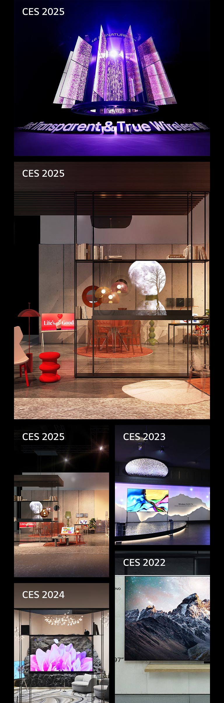 معروضات وتركيبات LG OLED المختلفة في معرض CES. يشمل ذلك CES 2022 وCES 2023 وCES 2024 وCES 2025. 