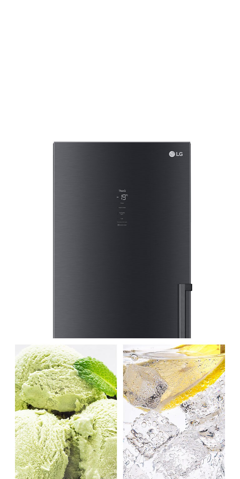 صورة لمثلجات بلون أخضر، وصورة لمكعبات ثلج في كوب به قطع ليمون وماء "Express Freeze".