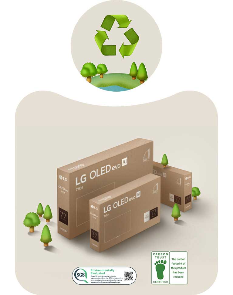 عبوة LG OLED على خلفية باللون البيج مع عرض أشجار مصورة. 