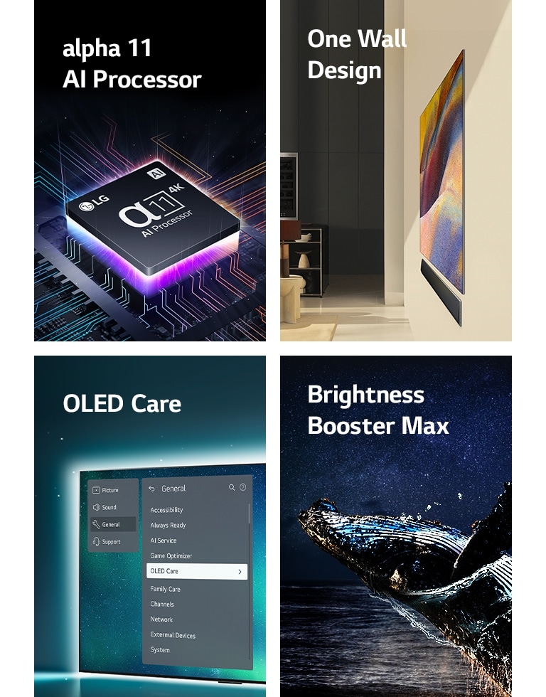 معالج alpha 11 AI Processor 4K من LG الموجود أعلى اللوحة الأم، تنبعث منه آشعة برتقالية من الضوء.	  تم تثبيت تصميم One Wall Design لتلفزيون LG OLED G4 وLG Soundbar بشكل مسطح على الحائط في غرفة معيشة عصرية.  يتم تحديد تلفزيون OLED مع قائمة OLED Care في قائمة الدعم الموجودة على الشاشة.  Brightness Booster Max مع صورة الحوت وهو يقفز من الماء أمام سماء الليل المرصعة بالنجوم. 