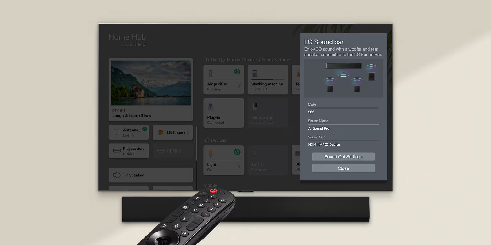 يشير جهاز التحكم عن بعد إلى تلفزيون LG OLED TV ويعرض الإعدادات على الجانب الأيمن من الشاشة.