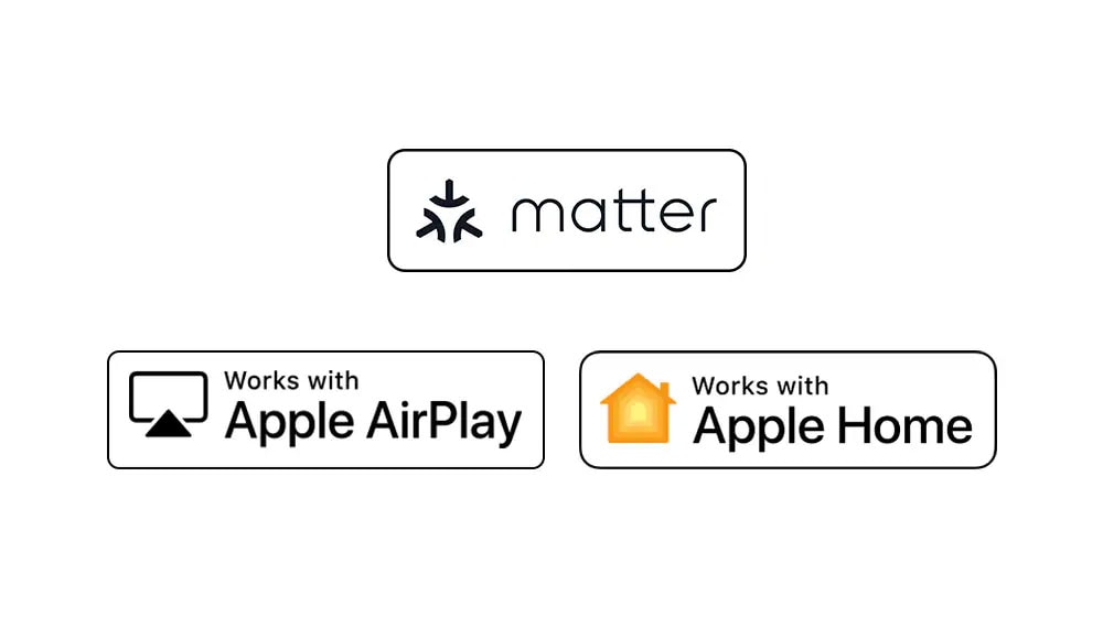 works with Apple AirPlay"" (يعمل بميزة Apple AirPlay"" شعار ""works with Apple Home"" (يعمل بميزة Apple Home"""