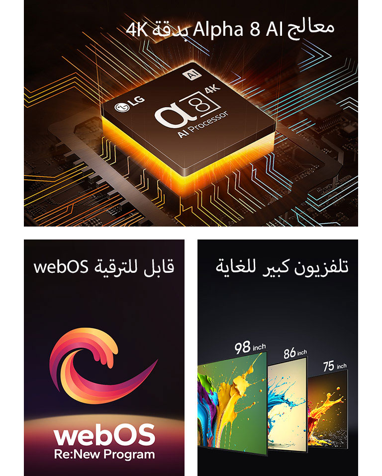 يظهر معالج Alpha 8 AI 4K مع ضوء برتقالي ينبعث من الأسفل. يظهر شكل حلزوني بالألوان الأحمر والأصفر والبنفسجي بين الكلمتين "Upgradeable webOS" و"webOS Re:New Program". يتم عرض تلفزيونات LG QNED89، وQNED90، وQNED99 بالترتيب من اليسار إلى اليمين. يعرض كل تلفزيون رشة ملونة وتظهر عبارة "Ultra Big TV" فوق أجهزة التلفاز.