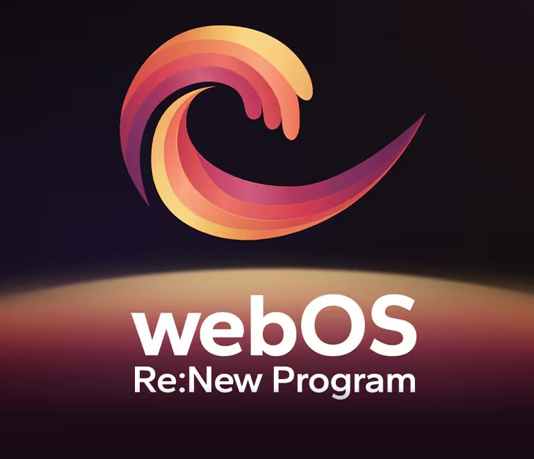 شعار webOS Re:New Program يتم عرضه على خلفية سوداء مع كرة دائرية باللون الأصفر والبرتقالي والأرجواني في أسفل الصورة.