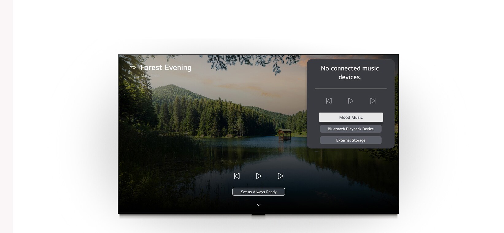 يعرض LG Gallery+ مع خاصيتي BGM وMusic Lounge في تلفزيون LG QNED AI QNED70 Mini LED مشهد "مساء الغابة" لبحيرة وسط الغابة على الشاشة، مع ظهور لوحة واجهة المستخدم الخاصة بـ Music Lounge التي تتضمن موسيقى المزاج، وتشغيل البلوتوث، وعناصر التحكم. 